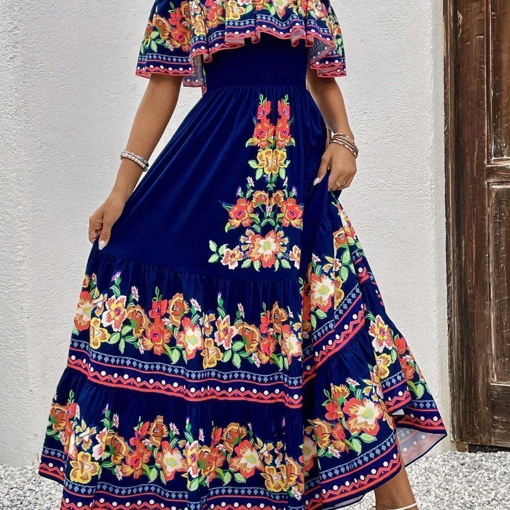 Blue Casual Womens Off-Shoulder Floral Printed Dress - Picture 5 of 5